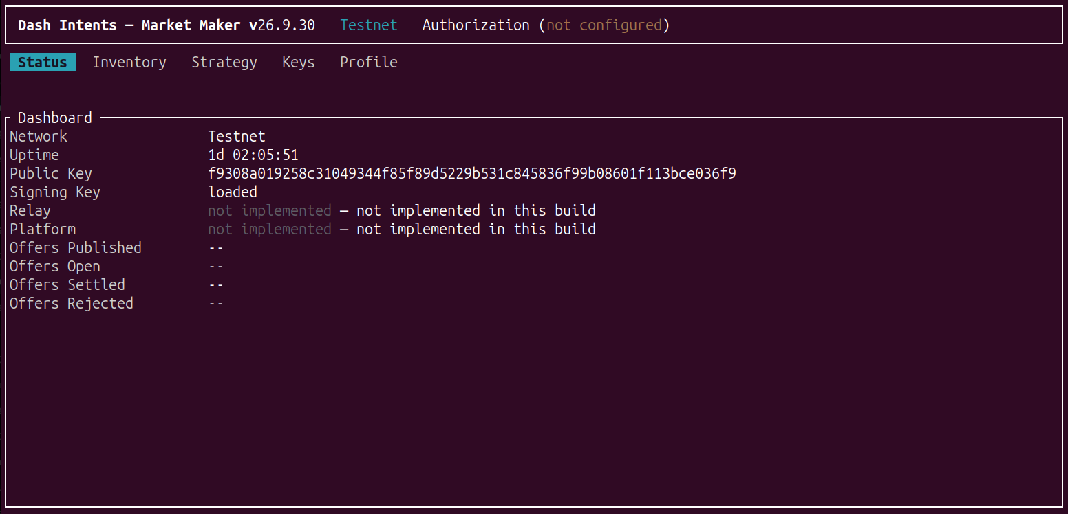 Screenshot of the DASH Intents Market Maker daemon, view 1 of 3
